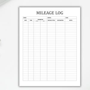 May include: A printable mileage log template with columns for date, time, odometer start and end, mileage total, destination, and notes.