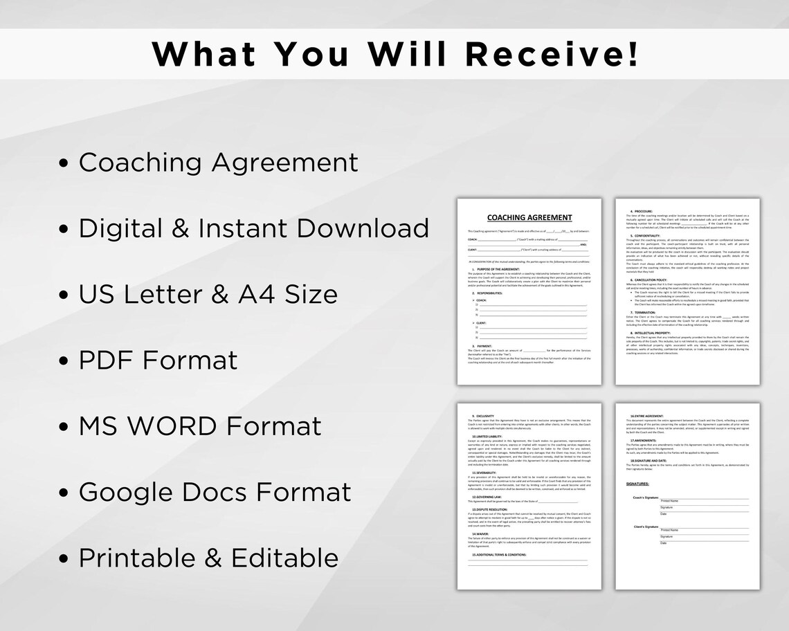 Coaching Agreement Templates Printable Coaching Contract Coaching
