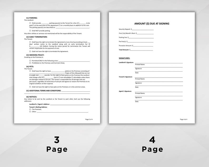 May include: A black and white legal document with the title "AMOUNT ($) DUE AT SIGNING" and a section for signatures. The document is labeled "Page 4 of 4".