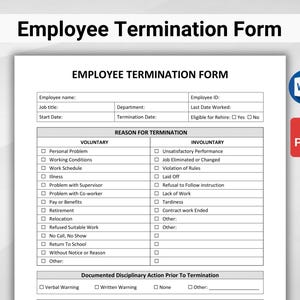 Puede incluir: Un formulario de terminación de empleo en blanco y negro con casillas de verificación para las razones voluntarias e involuntarias de terminación. El formulario incluye campos para el nombre del empleado, el puesto de trabajo, la fecha de inicio, el departamento, la fecha de terminación, el ID del empleado, la última fecha de trabajo y la elegibilidad para la recontratación.