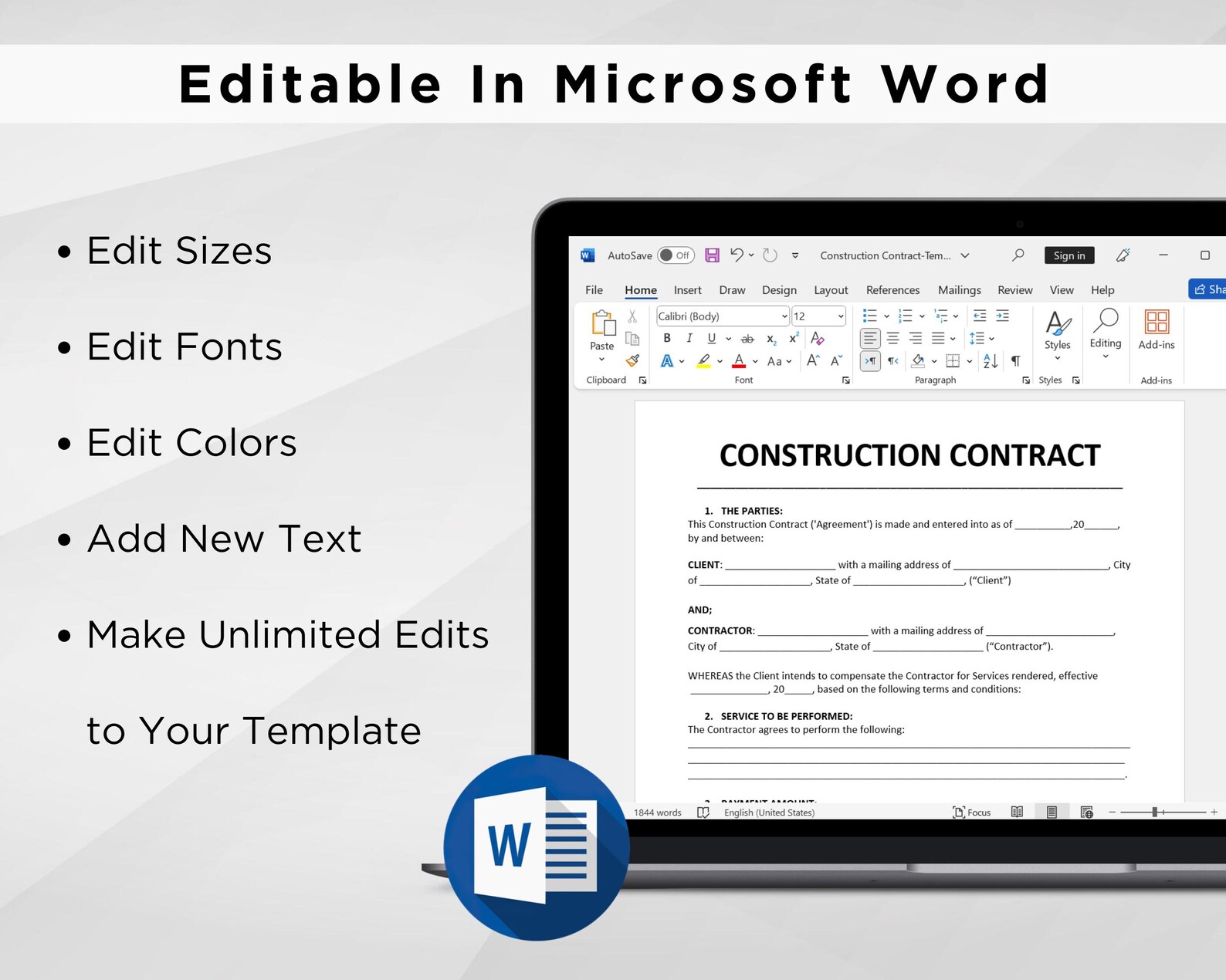 Construction Contract Form, Editable Construction Agreement Template ...