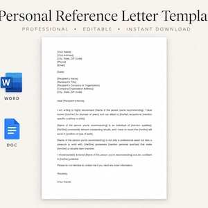 May include: A digital personal reference letter template featuring the text Personal Reference Letter Template, Professional, Editable, Instant Download, with Word and Doc icons, and a letter body with placeholders for contact and recommendation details.