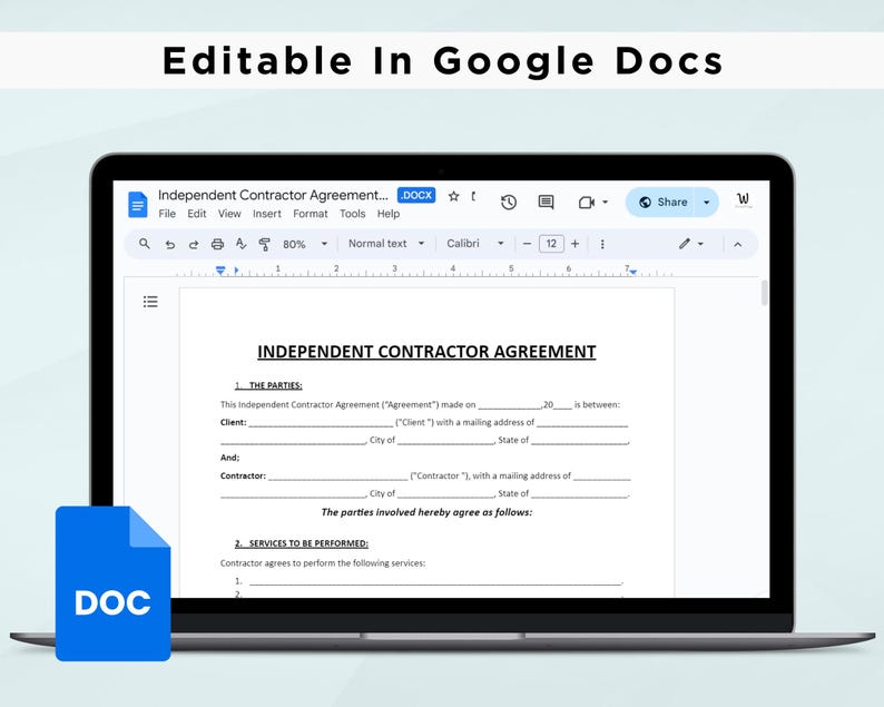Independent Contractor Agreement Template. Editable Business Contract ...