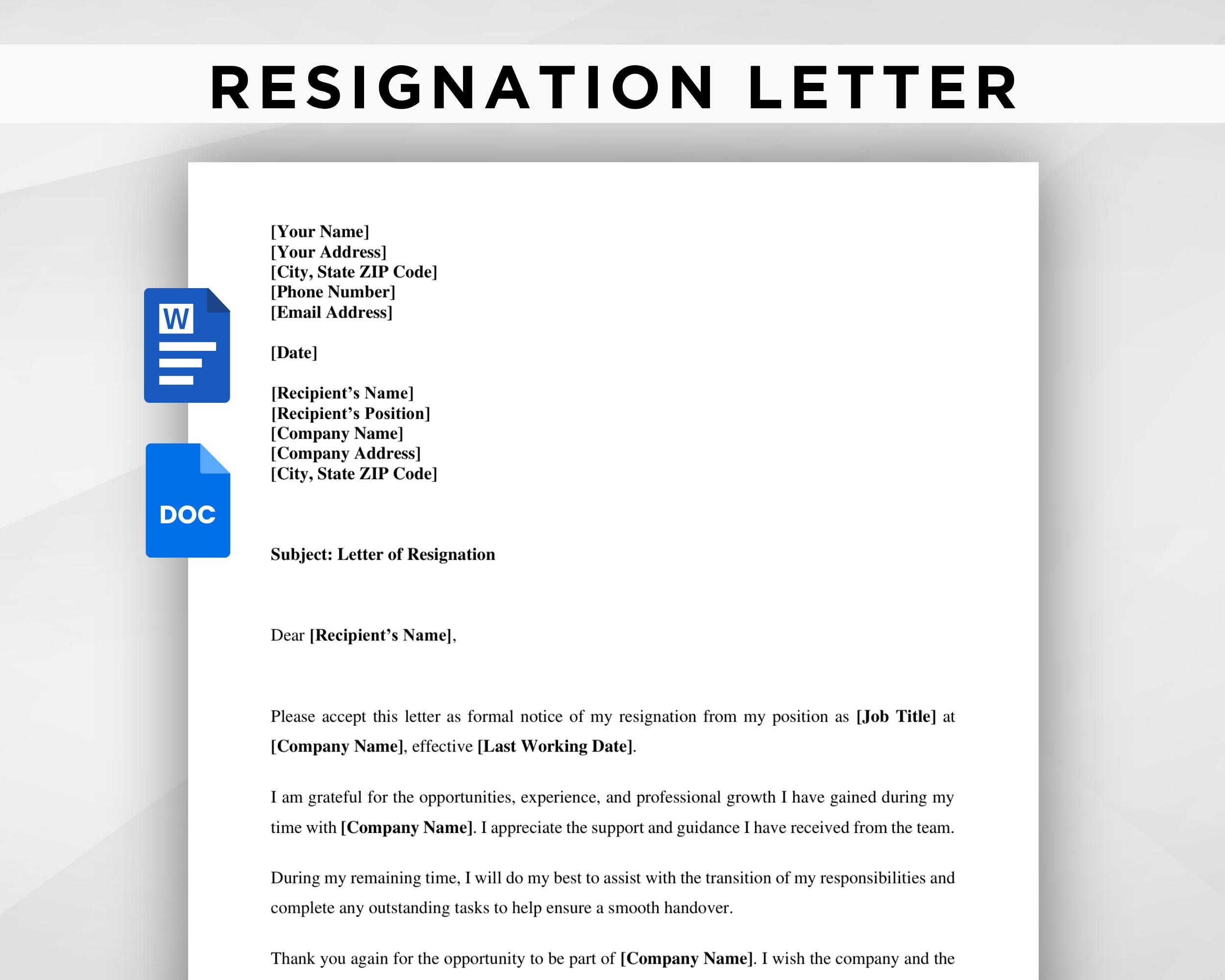 Resignation Letter Template, Editable Notice Letter, Professional ...