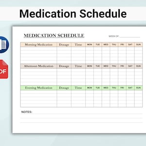 Op de afbeelding: Een afdrukbare medicatieplanningssjabloon met secties voor medicatie in de ochtend, middag en avond. De sjabloon bevat kolommen voor dosering, tijd en elke dag van de week. Er is ook een notitiesectie onderaan.