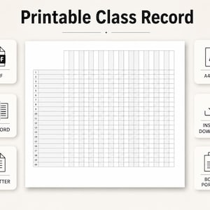 May include: A printable class record template featuring a grid with twenty numbered rows. The document includes icons for PDF, MS Word, A4 size, US Letter, instant download, and bonus portrait options, with the text Printable Class Record at the top.