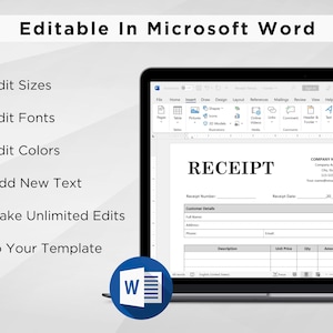 May include: A computer screen displaying a Microsoft Word document with a receipt template. The template includes fields for company name, address, phone number, email, receipt number, receipt date, customer details, description, unit price, quantity, and amount. The document is editable and can be customized with different fonts, colors, and sizes.