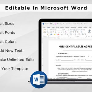 May include: A laptop computer screen displaying a Microsoft Word document with a residential lease agreement template. The document is editable and includes sections for the parties involved, the property, and the terms of the lease.