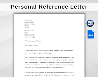 Personal Reference Letter Template. Printable Letter of Recommendation. Recommendation Letter Template. Editable Google Docs & Word.