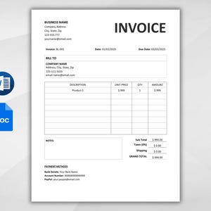 May include: A white invoice document with the word "INVOICE" at the top. The document includes fields for business and customer information, a product description, unit price, quantity, and amount. The total is £999.00.