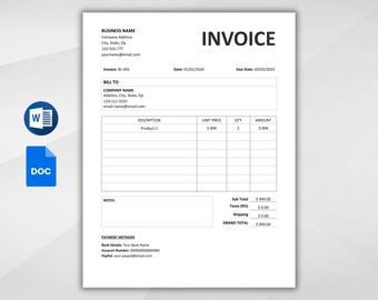 Modèle de facture imprimable. Facture professionnelle. Facture de services. Modèle de facturation. Modèle de reçu. Facture modifiable Google Docs et MS Word.