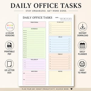 Puede incluir: Una hoja de planificación diaria de tareas de oficina con secciones para objetivos, horarios de 8:00 a 21:00, listas de tareas, llamadas, correos electrónicos, seguimientos, reuniones y notas, incluyendo un campo de fecha y seis versiones de color.