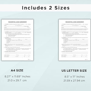 May include: Two black and white residential lease agreement forms, one in A4 size (21.0 x 29.7 cm) and one in US Letter size (21.59 x 27.94 cm).