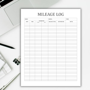 May include: A printable mileage log sheet with columns for date, time, odometer start and end, model, mileage total, destination, year, and notes.