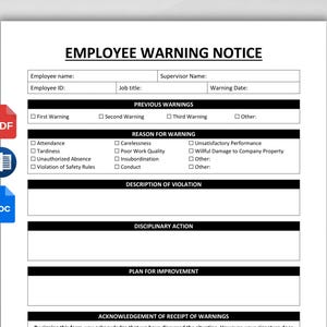 Editable Employee Warning Notice Template. Employee Discipline Form. Employee Performance. Employee Write Up. Printable PDF/WORD/Google Docs