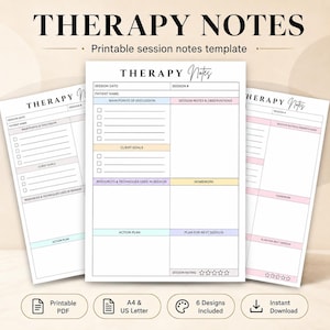 Peut inclure: Un modèle de notes de thérapie imprimable avec des sections pour la date de séance, le nom du patient, les points de discussion, les objectifs, les ressources, les devoirs, le plan d'action et l'évaluation. Inclut des cases et cinq étoiles.