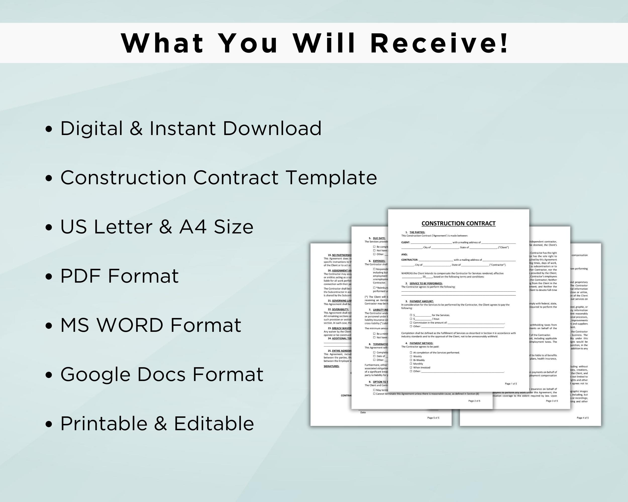 Construction Contract Agreement Template, Contractor Agreement Form ...