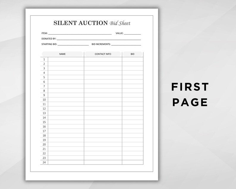 Editable Silent Auction Bid Sheet Template, Printable Auction Sign up ...