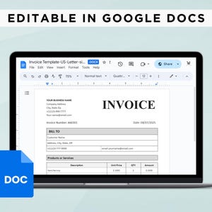 Peut inclure: Une fen&ecirc;tre Google Docs affichant un mod&egrave;le de facture. Le mod&egrave;le est intitul&eacute; "Invoice Template - US Letter - si..." et comprend des champs pour le nom de l'entreprise, l'adresse, le num&eacute;ro de facture, la facturation &agrave;, les produits ou services, la description, le prix unitaire, la quantit&eacute; et le montant. La date est le 04/07/2025.