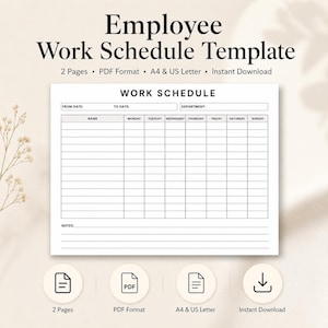 May include: A digital employee work schedule template in PDF format, featuring a grid layout with columns for names and days of the week from Monday to Sunday. The document includes fields for from date, to date, department, and a section for notes.