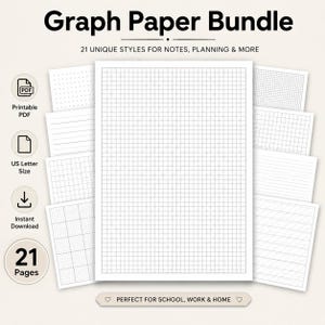 Puede incluir: Un paquete digital de papel cuadriculado con 21 estilos únicos para notas y planificación. La imagen muestra una hoja central con un patrón de cuadrícula rodeada por varios diseños de página que incluyen puntos, líneas y rejillas.