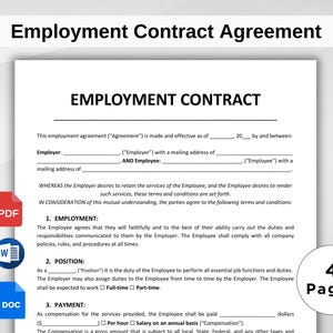 Può includere: Un documento in bianco e nero con il titolo "Employment Contract Agreement" e il testo "This employment agreement ("Agreement") is made and effective as of 20 by and between:"