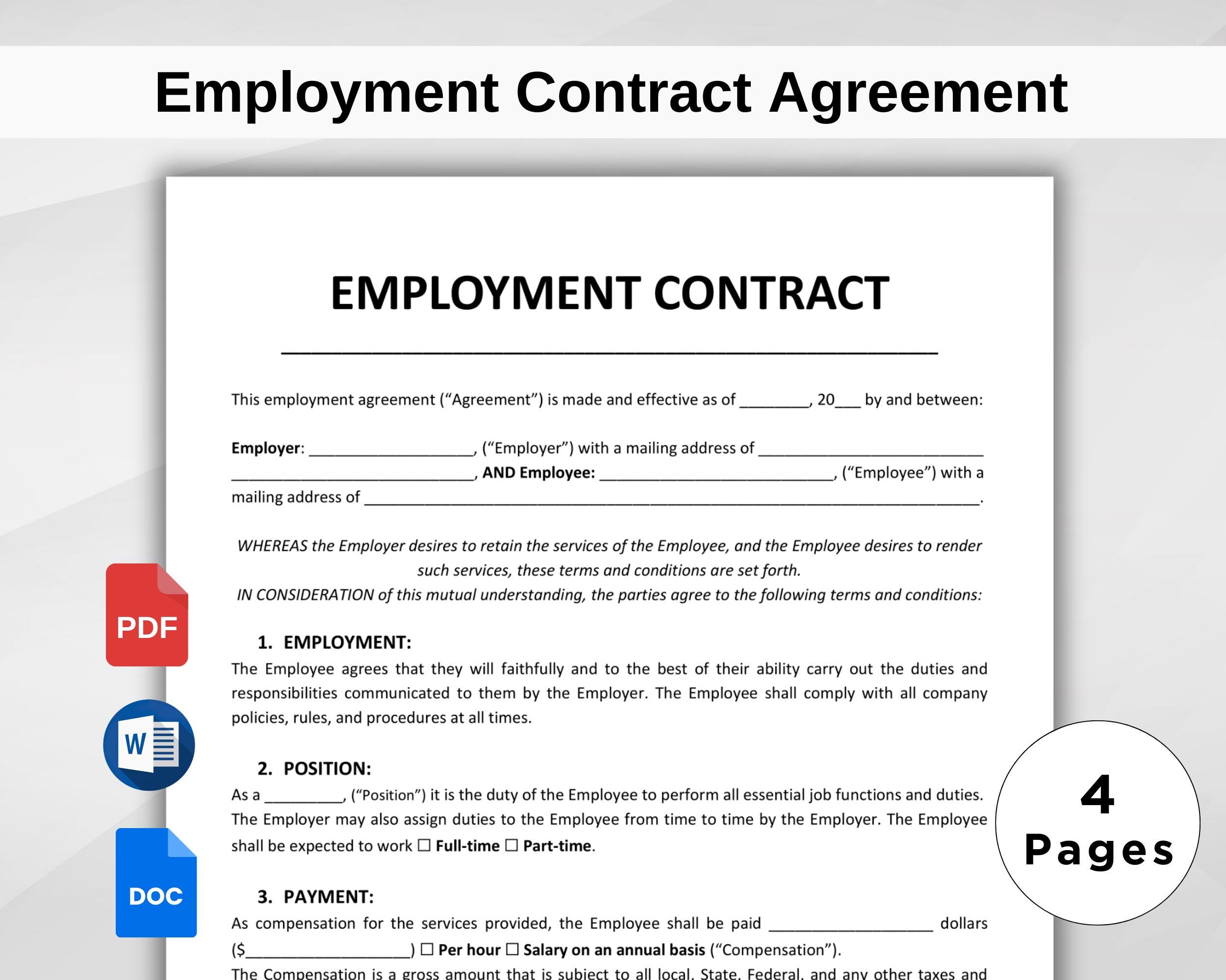 Employment Contract Agreement. Employment Service Contract Templates. Printable HR Employer Employee Form Template. Instant Download