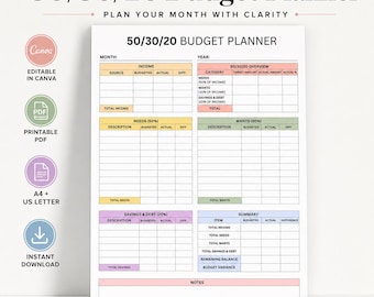 Printable 50/30/20 Budget Planner, Monthly Budget and Expense Tracker, Editable Canva Template & PDF Download