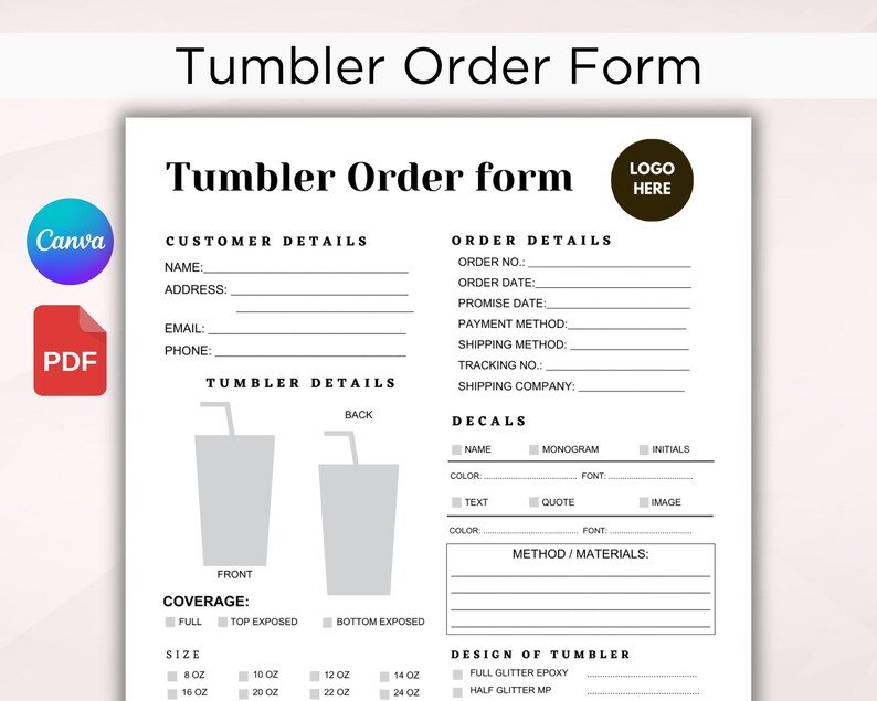 TUMBLER Order Form. Printable Tumbler Order Template. Tumbler Invoice ...