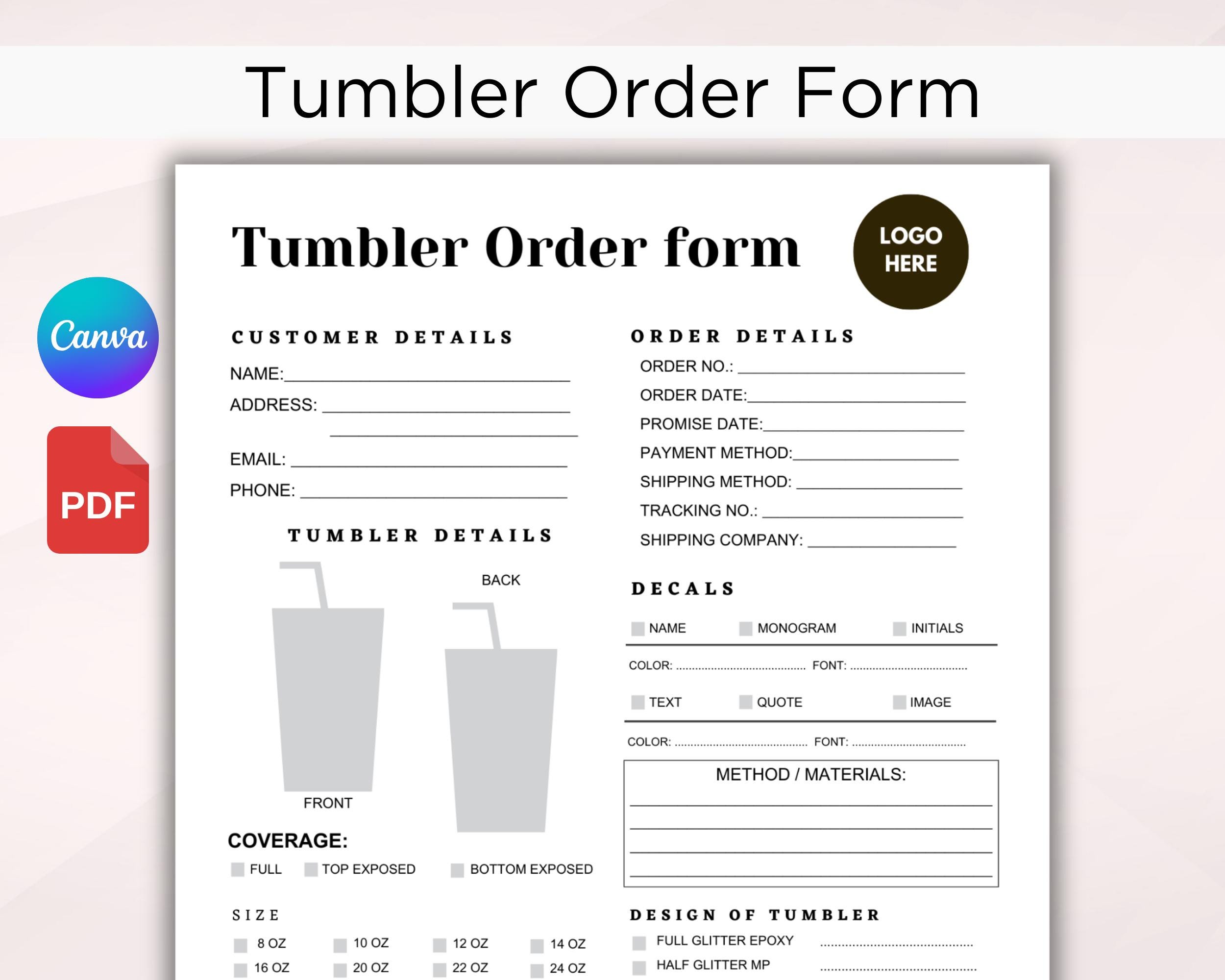 TUMBLER Order Form. Printable Tumbler Order Template. Tumbler Invoice ...