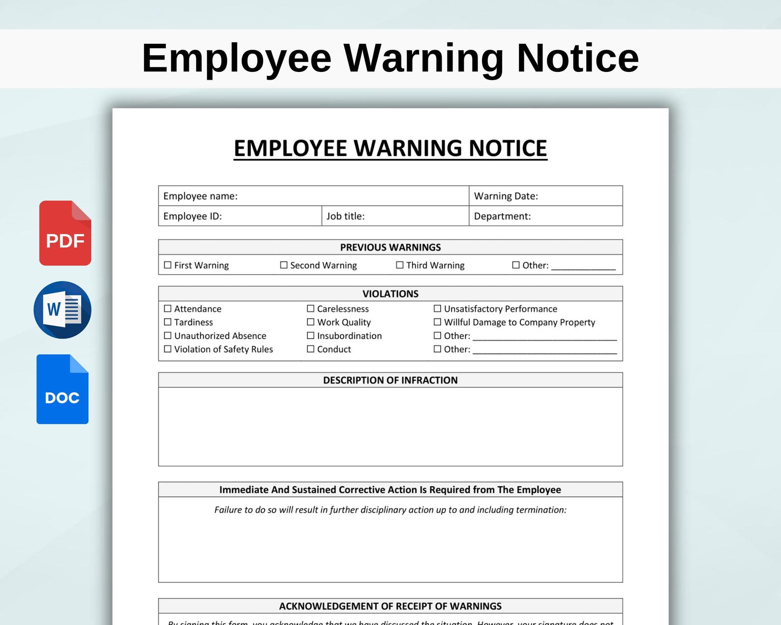Employee Warning Notice Template, Employee Write up Form, HR Discipline ...