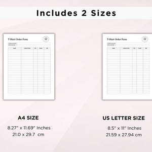 May include: Two blank T-shirt order forms, one in US Letter size (8.5 x 11 inches) and one in A4 size (8.27 x 11.69 inches).