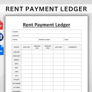 May include: A black and white printable rent payment ledger with columns for month, date due, amount due, amount paid, late fees, and comments.