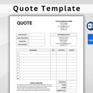 Plantilla de cotización. Formulario de cotización. Propuesta de trabajo. Cotización de trabajo para pequeñas empresas. Estimación de precio. Plantilla de cotización. Documentos de Google y Word editables.