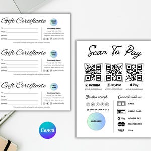 May include: Three gift certificate templates with a logo, business name, phone number, email address, and website address. A separate scan to pay section with QR codes for Venmo, PayPal, and Apple Pay.  The scan to pay section also includes logos for cash, credit card, Google Pay, Mastercard, and Visa.