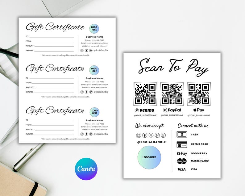 May include: Three gift certificate templates with a logo, business name, phone number, email address, and website address. A separate scan to pay section with QR codes for Venmo, PayPal, and Apple Pay.  The scan to pay section also includes logos for cash, credit card, Google Pay, Mastercard, and Visa.