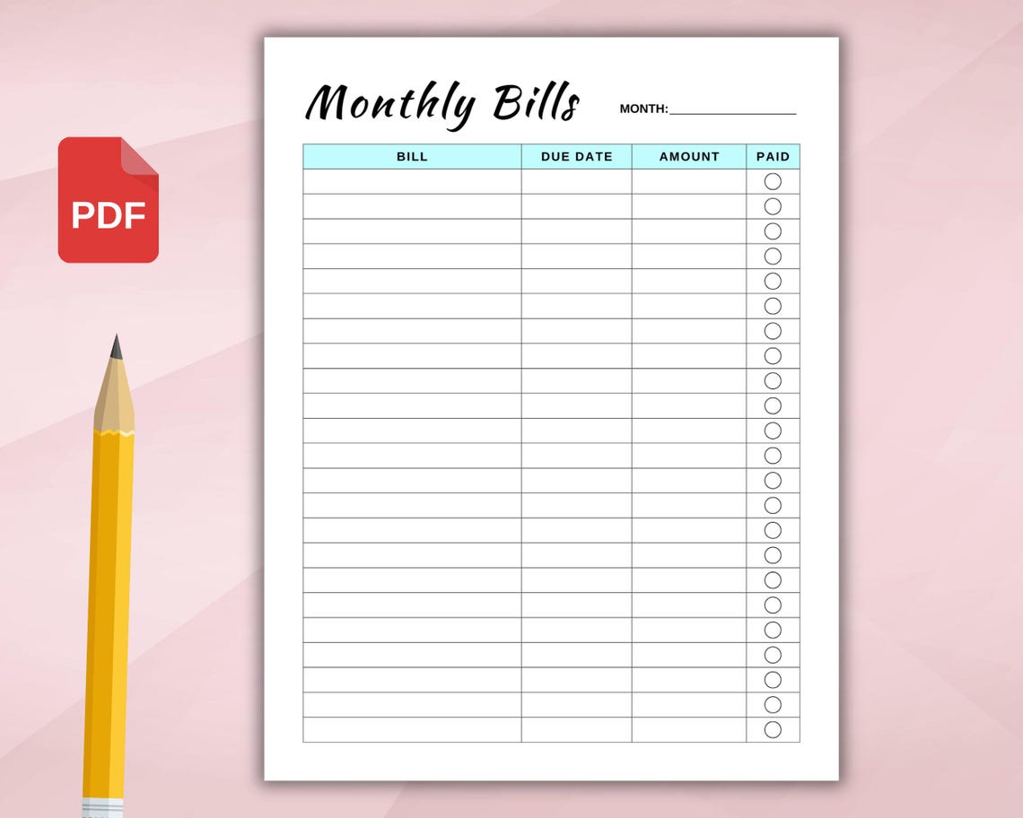 Monthly Bill Log Printable, Bill Payment Checklist Tracker, Bill Pay ...