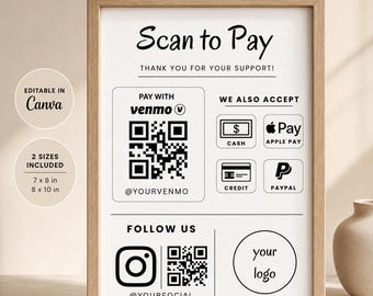 Editable Scan to Pay Sign, QR Code Payment Template for Small Business, Printable Canva Display, Instant Download