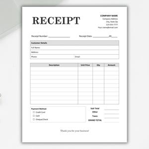 May include: A blank receipt template with fields for customer details, itemized purchases, payment method, and totals. The template includes the text "RECEIPT" at the top and "Thank you for your business!" at the bottom.