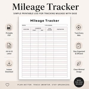 Registro de kilometraje en PDF imprimible, registro de millas, seguimiento de kilometraje y viajes del vehículo.