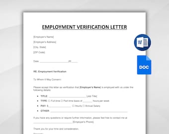 Employment Verification Letter Template. Employment Verification Letter form. Job Verification Letter. Google Docs/MS Word. Instant download