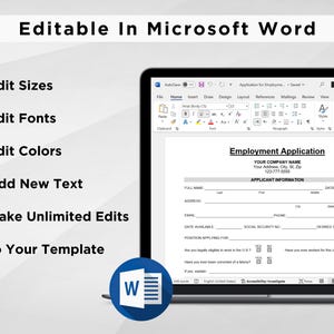 May include: A laptop screen shows a Microsoft Word document with an employment application template. The screen displays the text "Employment Application" and "Applicant Information." Bullet points on the left highlight editing features.