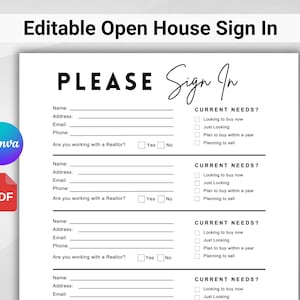 Open House Sign In Sheet. Real Estate Marketing. Realtor Open House Flyers and Forms. Editable CANVA Template & PDF. Instant Download