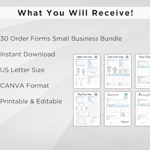 May include: A set of 30 printable and editable order forms for small businesses. The forms are designed in Canva and are US Letter size. The forms include a tumbler order form, a t-shirt order form, a general order form, a mug order form, an invoice, and a receipt.