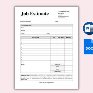 Puede incluir: Un formulario de presupuesto de trabajo en blanco con campos para los datos del cliente, la descripción, la cantidad, el precio unitario, el importe, el subtotal, los impuestos, otros y el total general. El formulario también incluye una sección de notas y una nota importante sobre el presupuesto.