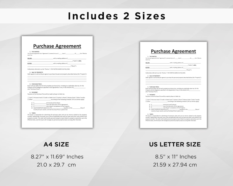 Pode incluir: Dois formul&aacute;rios de contrato de compra em preto e branco, um no tamanho carta dos EUA (8,5 x 11 polegadas) e outro no tamanho A4 (8,27 x 11,69 polegadas).