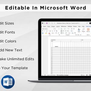 May include: A screenshot of a laptop displaying a Microsoft Word document with a blank attendance tracker table. The table has columns for names, dates, and attendance. The document is editable in Microsoft Word, allowing users to edit sizes, fonts, colors, add new text, and make unlimited edits to the template.