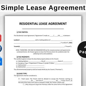 Puede incluir: Un formulario de arrendamiento residencial imprimible en blanco y negro con el título "Simple Lease Agreement" y el texto "Residential Lease Agreement" en una fuente más grande. El formulario incluye secciones para las partes, la propiedad y el tipo de arrendamiento.
