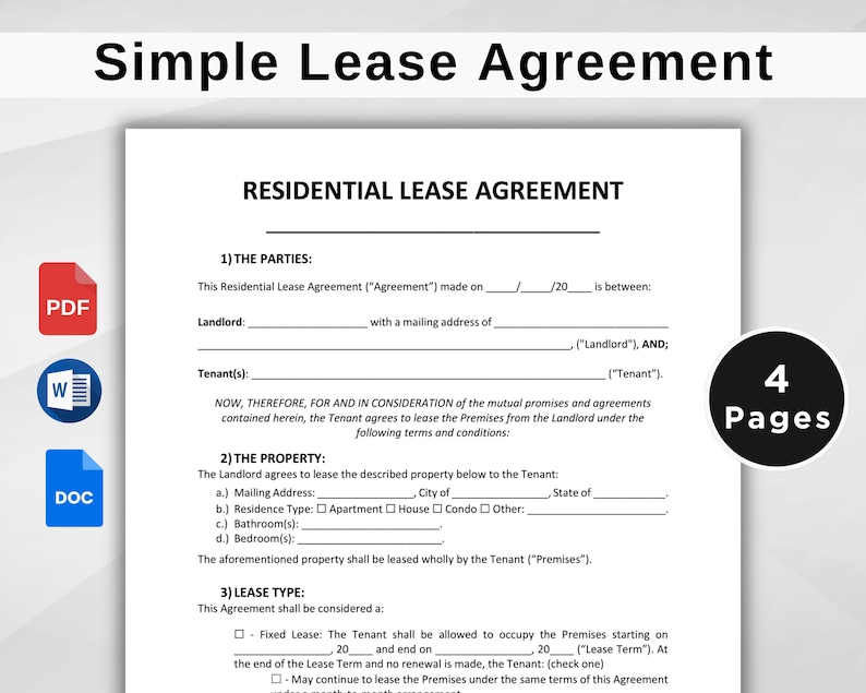 May include: A black and white printable residential lease agreement form with the title "Simple Lease Agreement" and the text "Residential Lease Agreement" in a larger font. The form includes sections for the parties, the property, and the lease type.