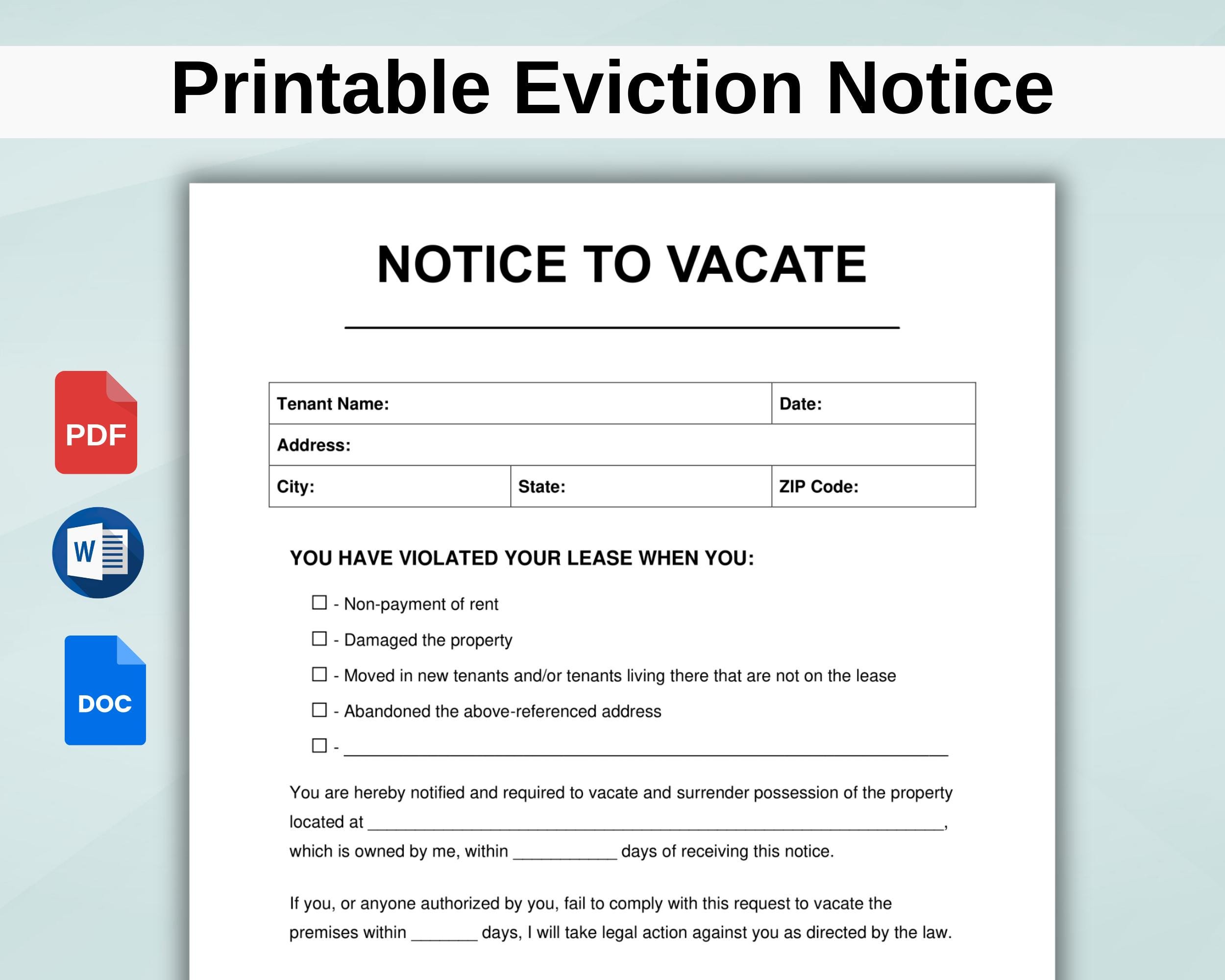 Printable Eviction Notice. Lease termination form. Editable Notice to Vacate Template. Landlord Notice To Vacate To Tenant. Instant Download